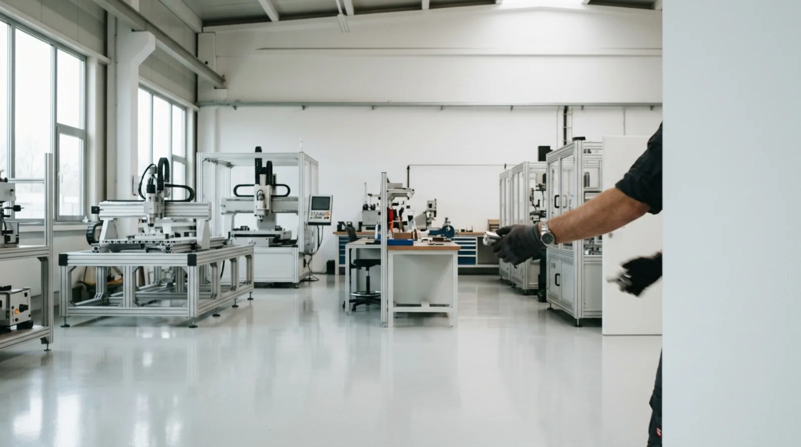 Werkraum von koeseo: CNC-Maschinen und Aluminium-Rahmen in hellem Tageslicht, rechts tritt eine Hand in Bewegung hinter der Wand hervor